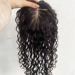 Curly Remy Human Hair Topper (Size 6x6.5", 7x8") Silk Base & Extra Lace Front, Full Hand-Tied Toupee for Women with Clips