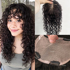 Curly Wave Human Hair Topper with Clips in 10x12cm & 12x14cm Silk Base Toupee for Women Full Hand Tied Remy Human Hair Extra Lace Front