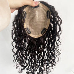 Curly Remy Human Hair Topper (Size 6x6.5", 7x8") Silk Base & Extra Lace Front, Full Hand-Tied Toupee for Women with Clips