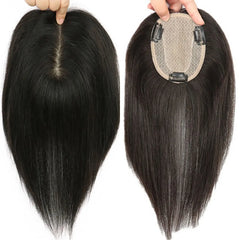 Virgin Straight Human Hair Topper (4x4.7" Base) Full Hand-Tied Silk Base for Women, Natural Scalp Top Hairpiece with 4 Clips