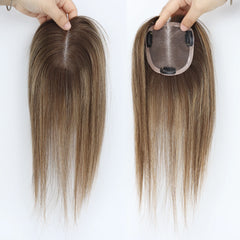 ≈ 3.74x3.74" Mono Base Topper for Women Real Remy Brazilian Human Hairpieces with Clips in 12" Ombre Highlight Summer Breathable