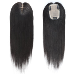 16" Remy Human Hair Topper (3x4.7" Base) Full Hand-Tied Silk Base for Women, Natural Scalp Top Straight Hairpiece with Clips