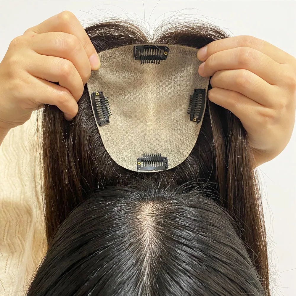 Skin Base Human Hair Topper With 4 Clips In Silk Top Virgin European Hair Toupee for Women Fine Hairpiece 12X13cm 15X16CM