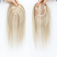 ≈ 3.74x3.74" Mono Base Topper for Women Real Remy Brazilian Human Hairpieces with Clips in 12" Ombre Highlight Summer Breathable