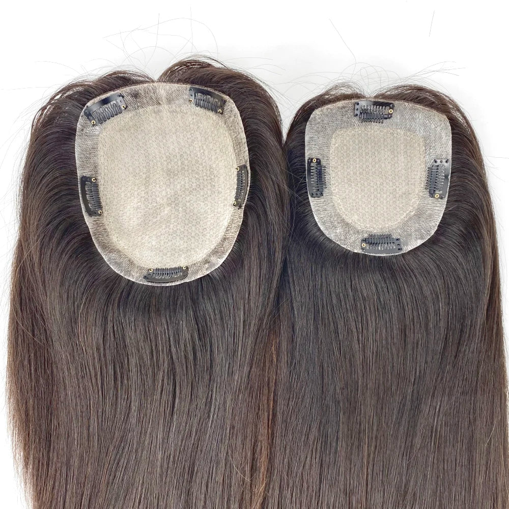 Brown European Human Hair Topper (6x6.5" Base) Wavy Hairpiece for Women, Silk Skin Top with PU Around, Clip-in Virgin Hair Extensions