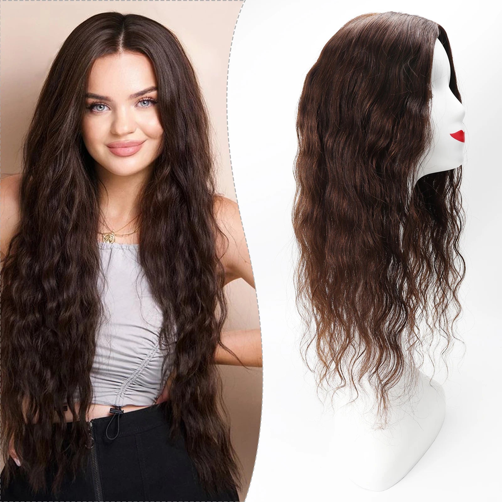 24“ Medium Brown Virgin European Human Hairpiece 15x16cm Silk Base Human Hair Topper with Clips in Silk Top Wavy Toupee
