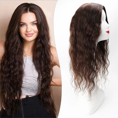 24“ Medium Brown Virgin European Human Hairpiece 15x16cm Silk Base Human Hair Topper with Clips in Silk Top Wavy Toupee