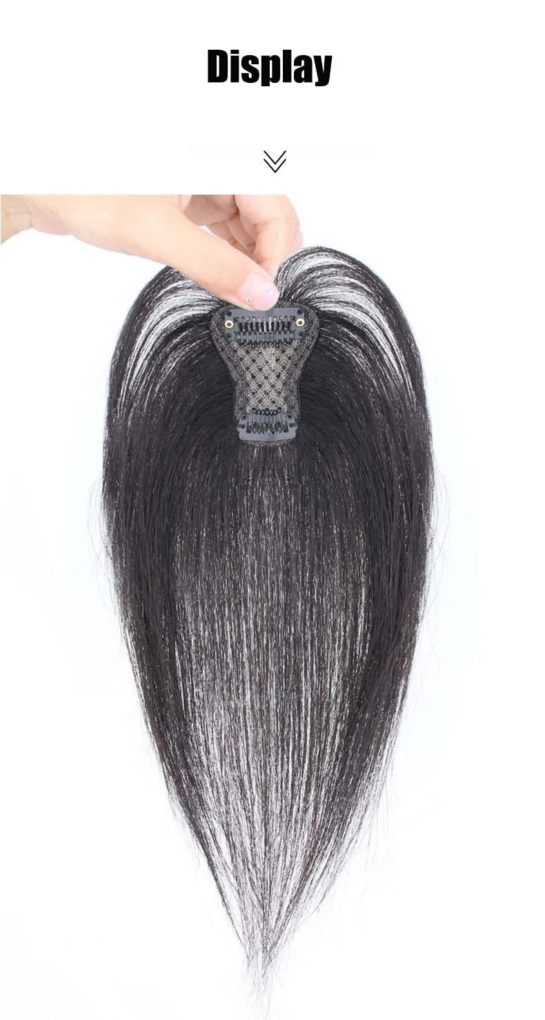 Invisible Straight Human Hair Topper (1.6x2.4" Base) Small Hairpiece for Thinning Hair, Quickly Increase Volume & Cover Gray Hair with Clips