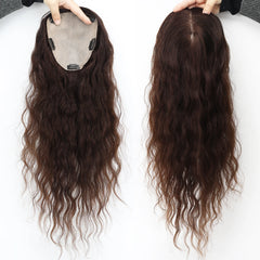 24“ Medium Brown Virgin European Human Hairpiece 15x16cm Silk Base Human Hair Topper with Clips in Silk Top Wavy Toupee