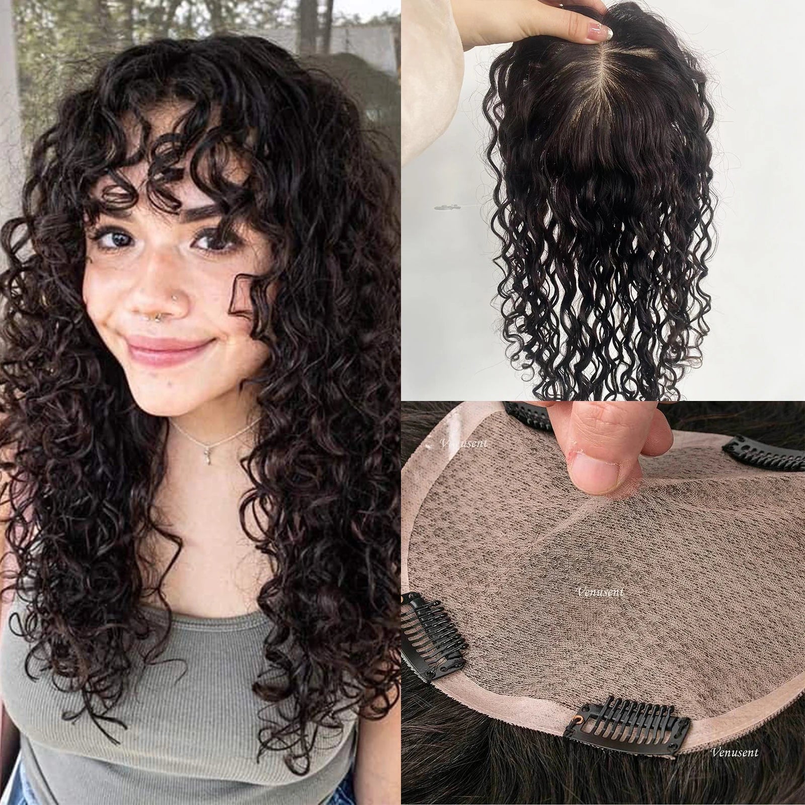 Curly Wave Human Hair Topper with Clips in 15x17cm & 18x20cm Silk Base Toupee for Women Full Hand Tied Remy Human Hair Extra Lace Front