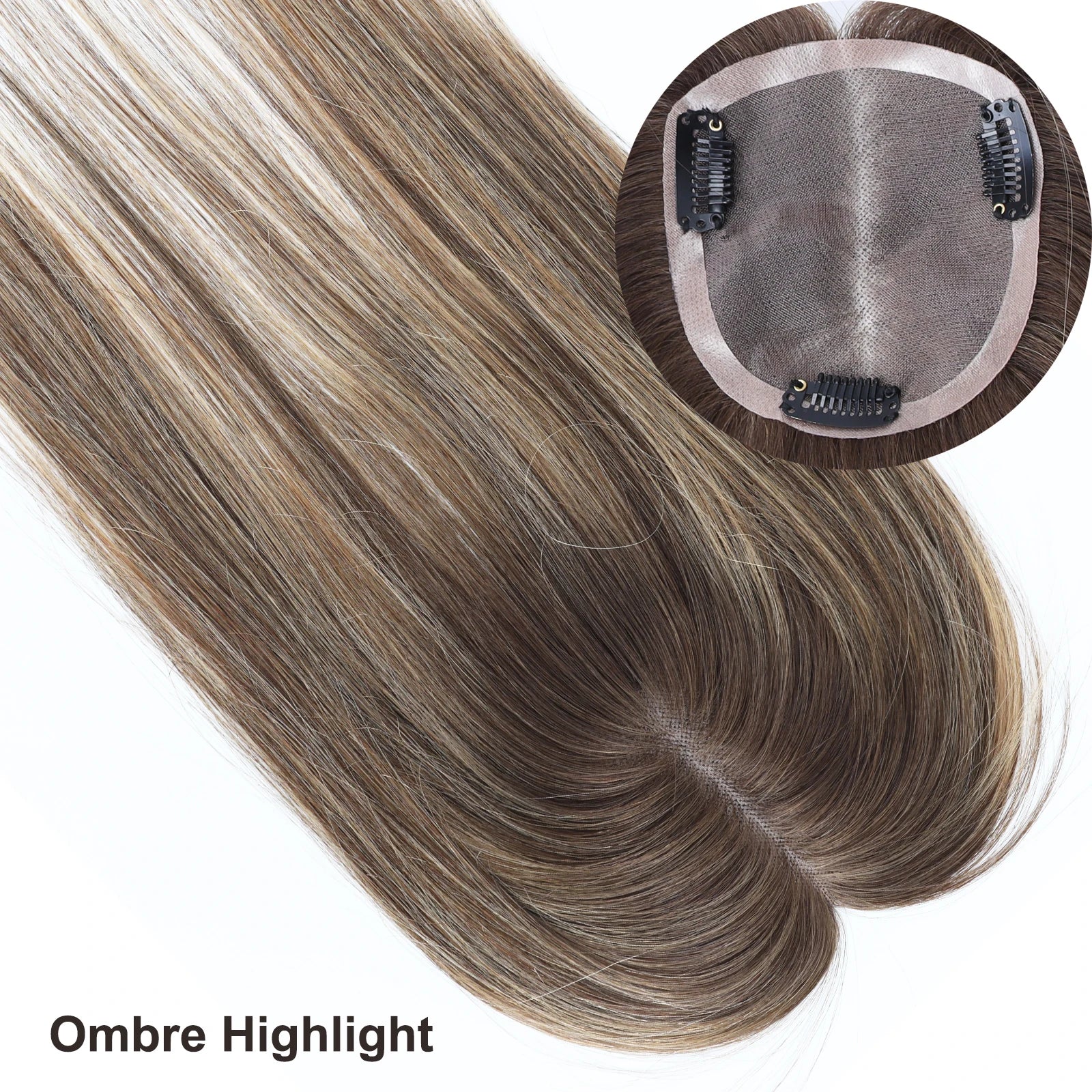 ≈ 3.74x3.74" Mono Base Topper for Women Real Remy Brazilian Human Hairpieces with Clips in 12" Ombre Highlight Summer Breathable