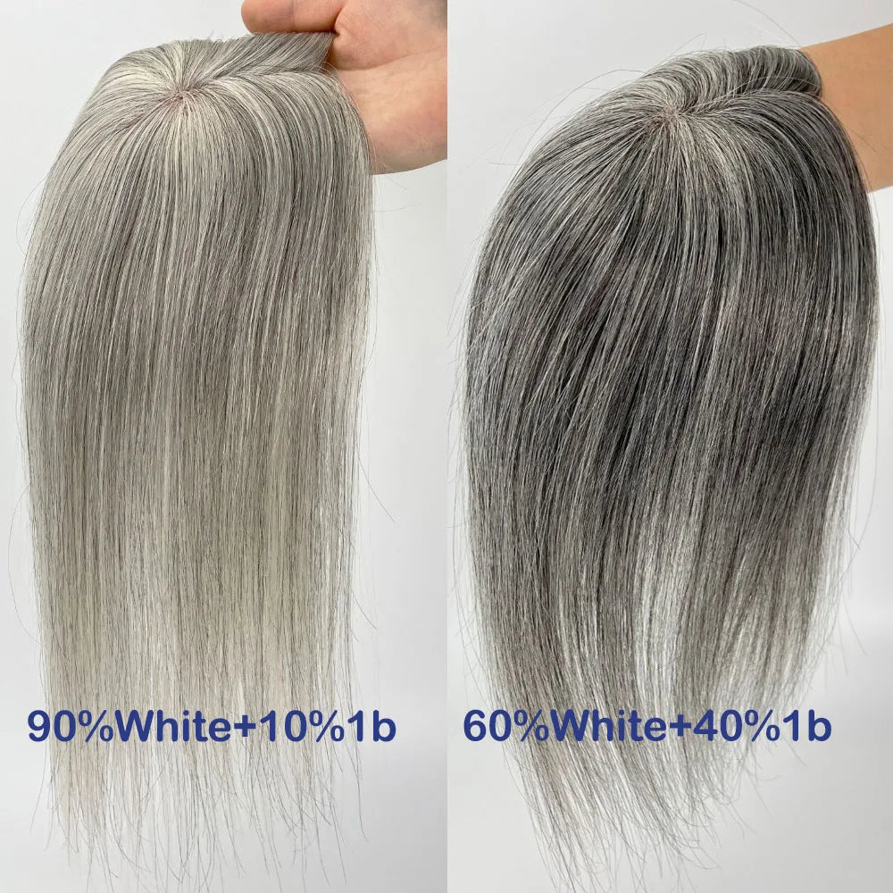 Highlight 5x3" Mono Base topper Grey Color With Clips 8/14 inches Hair Toppers For Women  1B Human Hair Mixed 90% Grey Hair