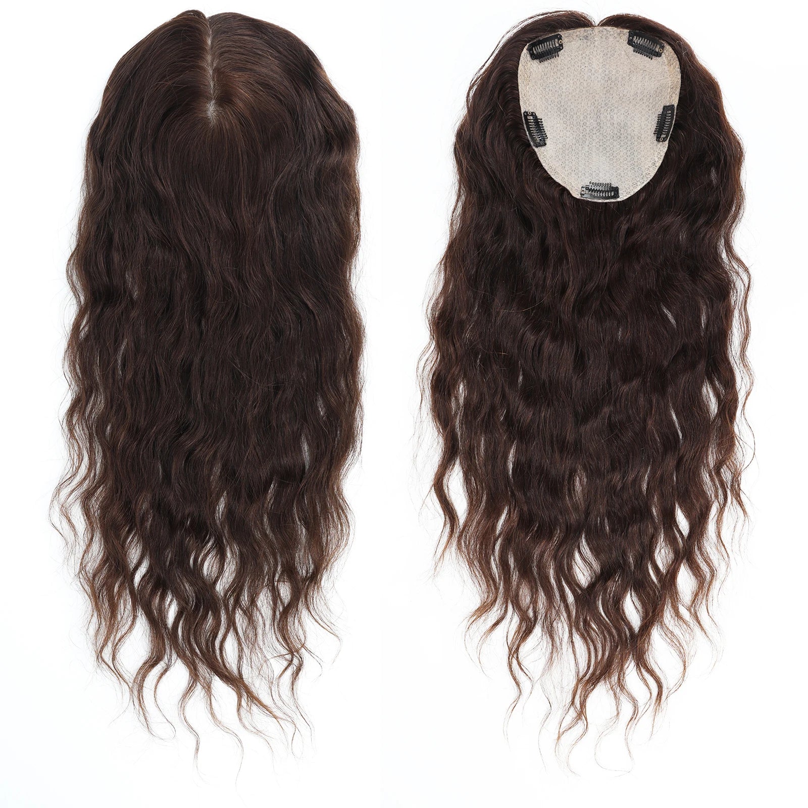 24“ Medium Brown Virgin European Human Hairpiece 15x16cm Silk Base Human Hair Topper with Clips in Silk Top Wavy Toupee