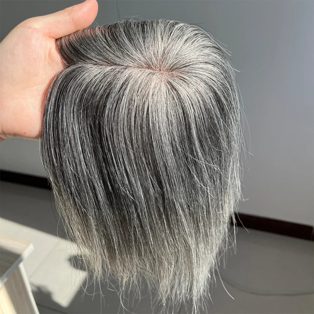 Highlight 5x3" Mono Base topper Grey Color With Clips 8/14 inches Hair Toppers For Women  1B Human Hair Mixed 90% Grey Hair