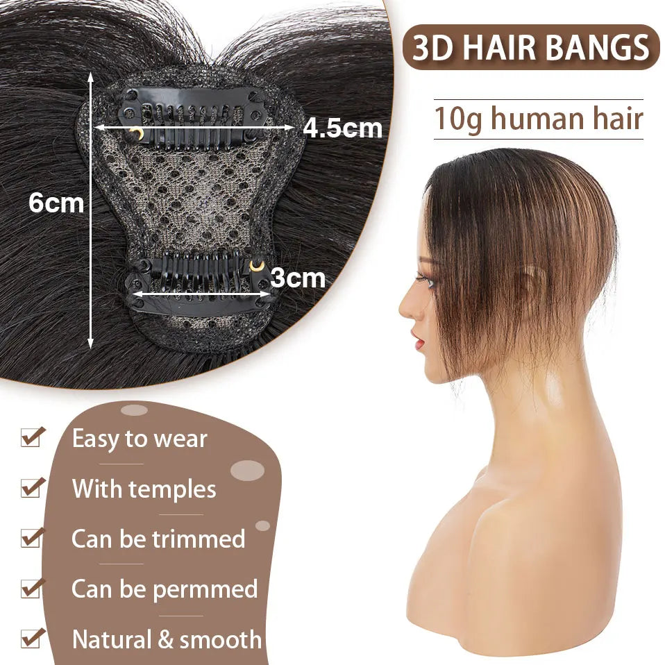 10" Instant Bangs Transformation (1.6x2.4" Base) - 100% Human Hair Clip-In | Lightweight 3D Air Bangs