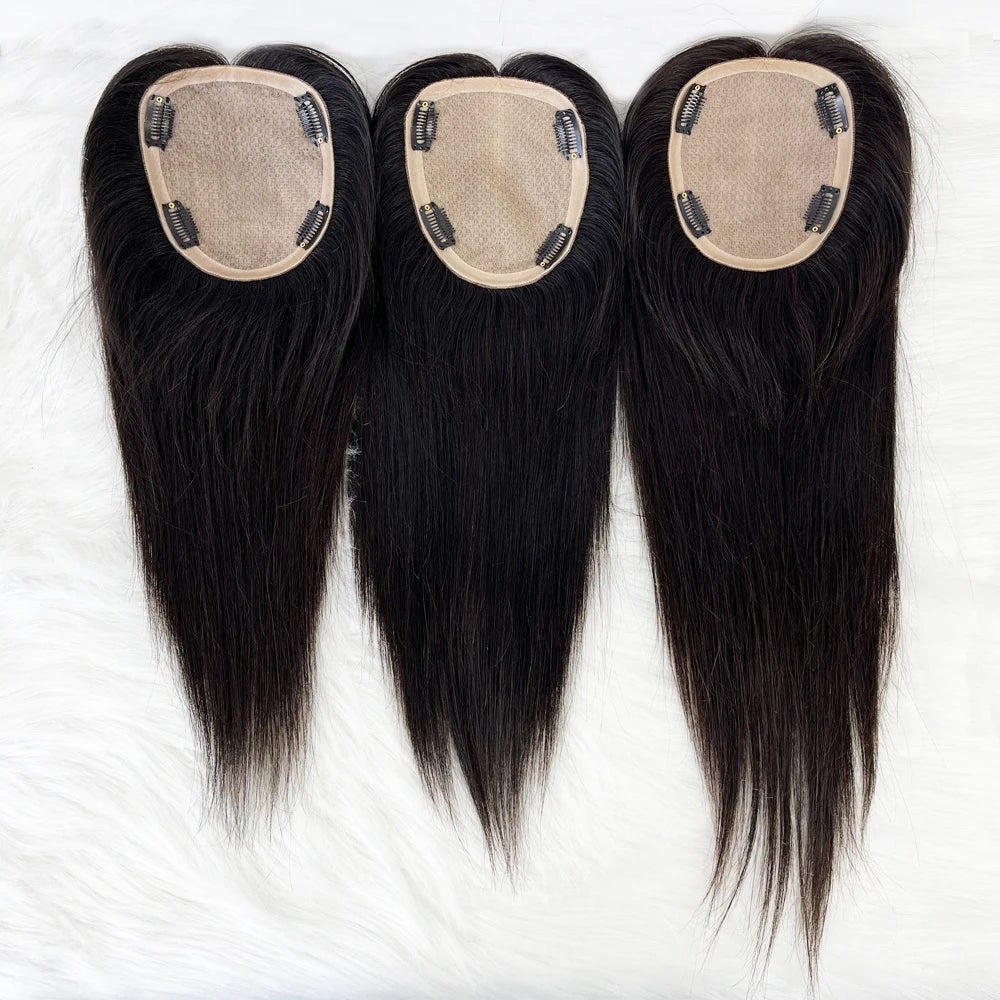12x14cm, 14x16cm, 16x18cm Silk Base Women Topper With 4 Clips In Hairpiece Malaysia Virgin Human Hair Toupee Breathable Silk Top Natural Baby Hair