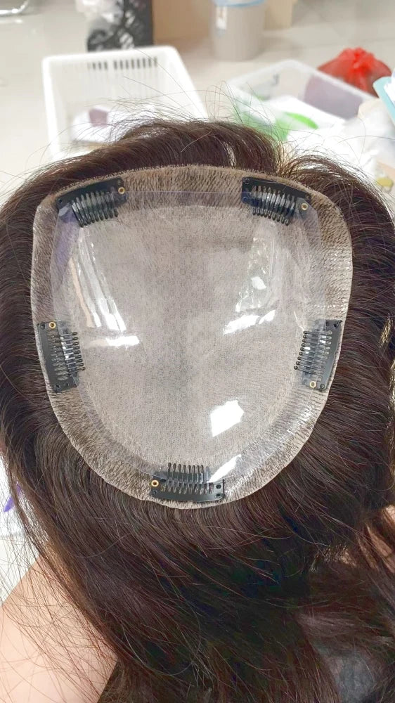 Brown European Human Hair Topper (6x6.5" Base) Wavy Hairpiece for Women, Silk Skin Top with PU Around, Clip-in Virgin Hair Extensions