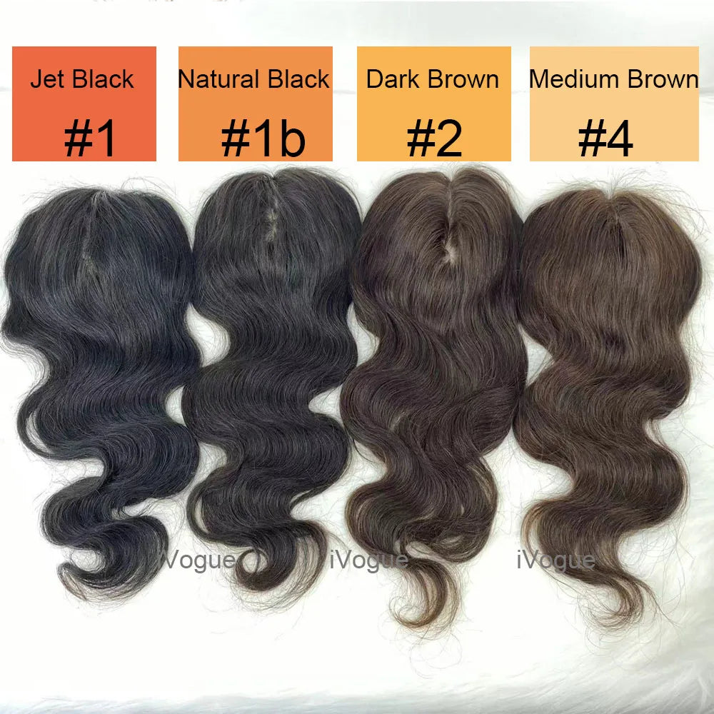 Brown European Human Hair Topper (6x6.5" Base) Wavy Hairpiece for Women, Silk Skin Top with PU Around, Clip-in Virgin Hair Extensions
