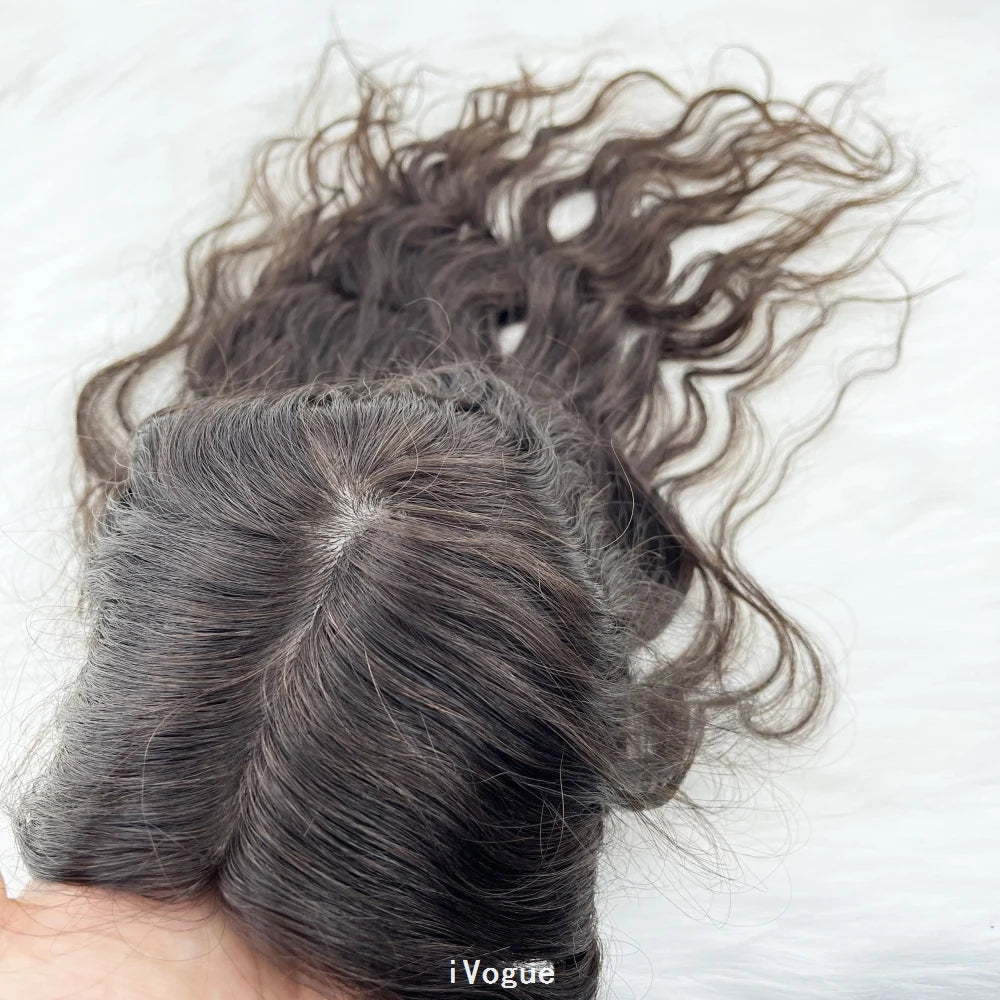 Brown European Human Hair Topper (6x6.5" Base) Wavy Hairpiece for Women, Silk Skin Top with PU Around, Clip-in Virgin Hair Extensions