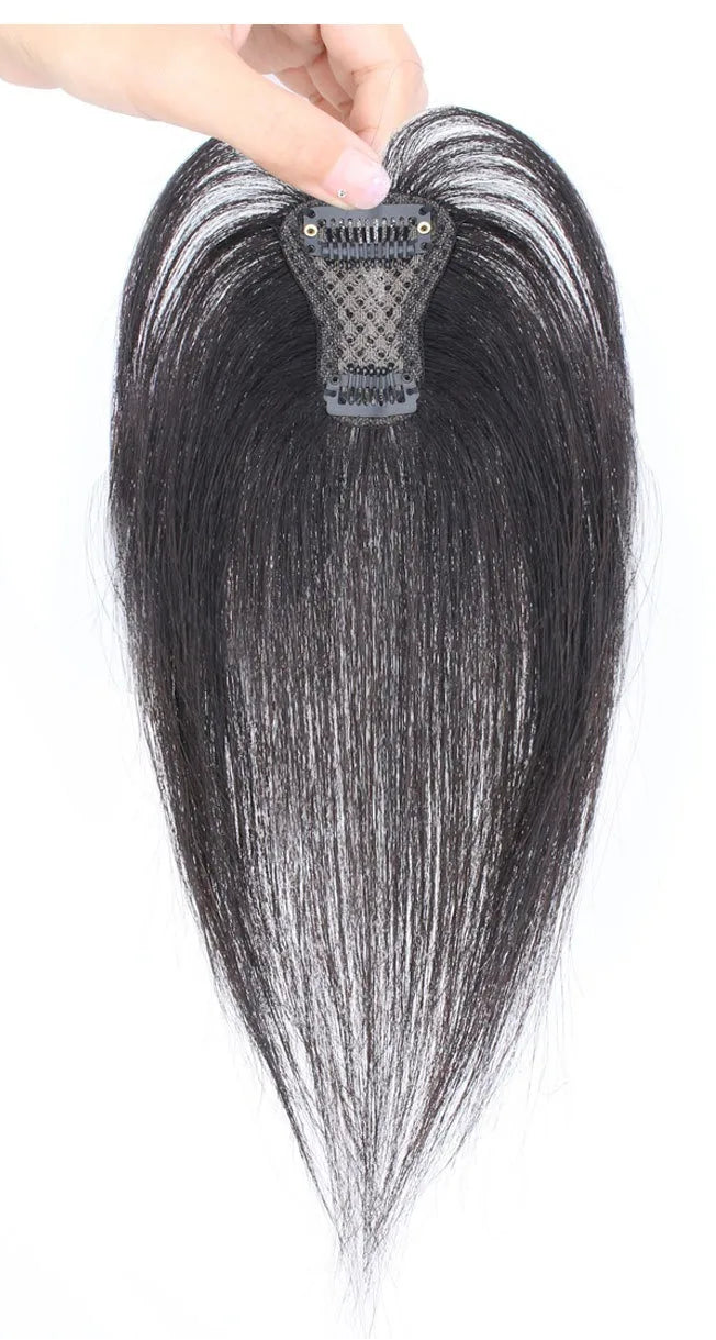 Invisible Straight Human Hair Topper (1.6x2.4" Base) Small Hairpiece for Thinning Hair, Quickly Increase Volume & Cover Gray Hair with Clips