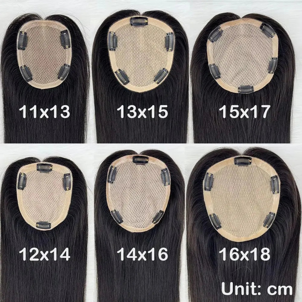 12x14cm, 14x16cm, 16x18cm Silk Base Women Topper With 4 Clips In Hairpiece Malaysia Virgin Human Hair Toupee Breathable Silk Top Natural Baby Hair