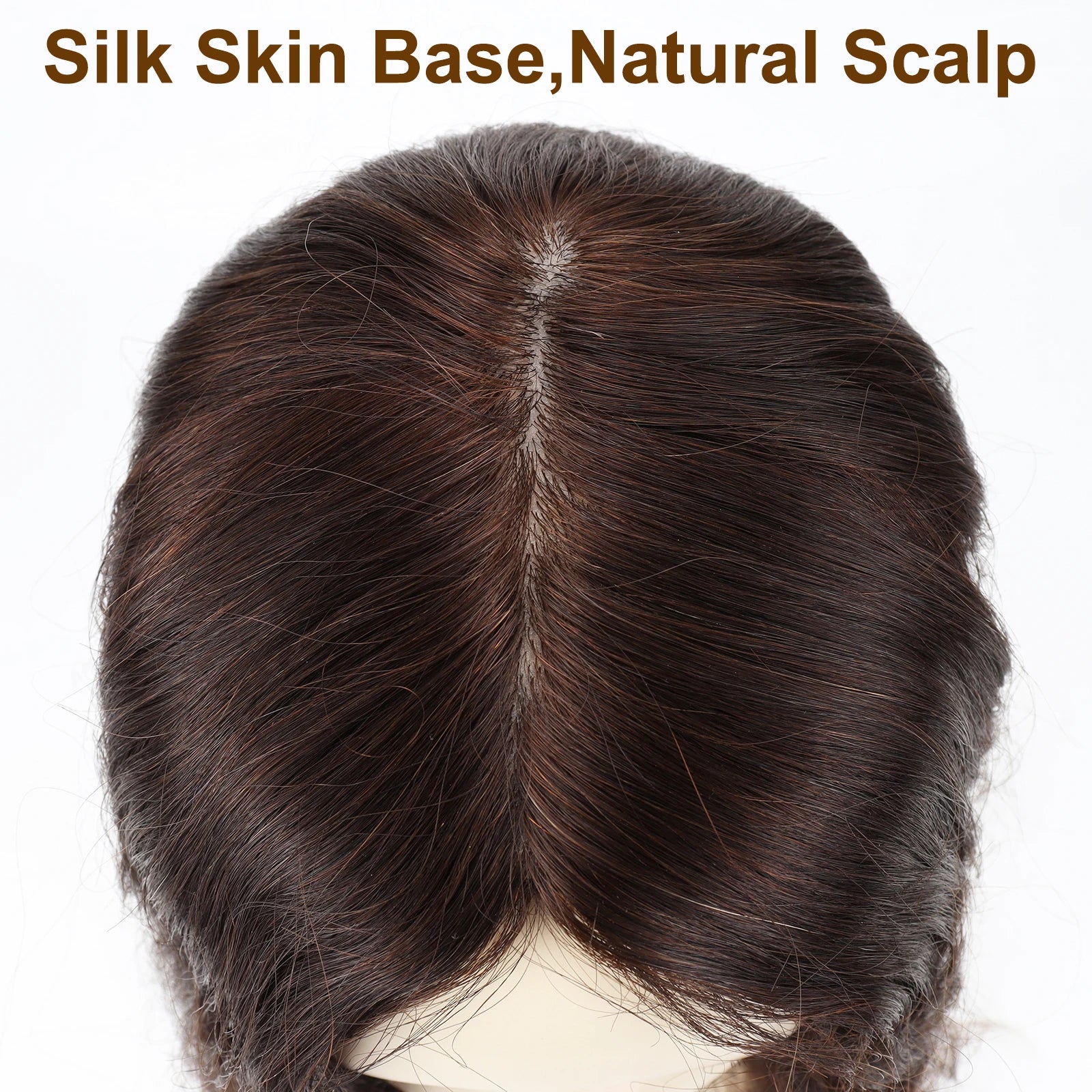 24“ Medium Brown Virgin European Human Hairpiece 15x16cm Silk Base Human Hair Topper with Clips in Silk Top Wavy Toupee