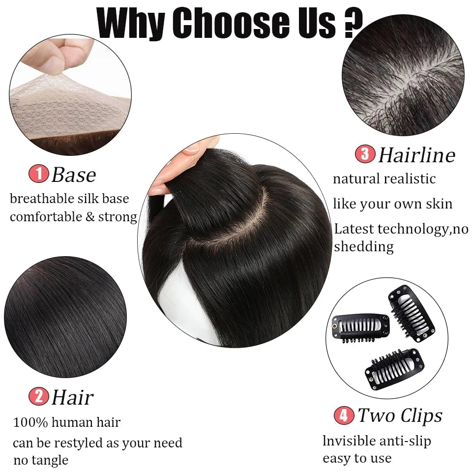12x14cm, 14x16cm, 16x18cm Silk Base Women Topper With 4 Clips In Hairpiece Malaysia Virgin Human Hair Toupee Breathable Silk Top Natural Baby Hair