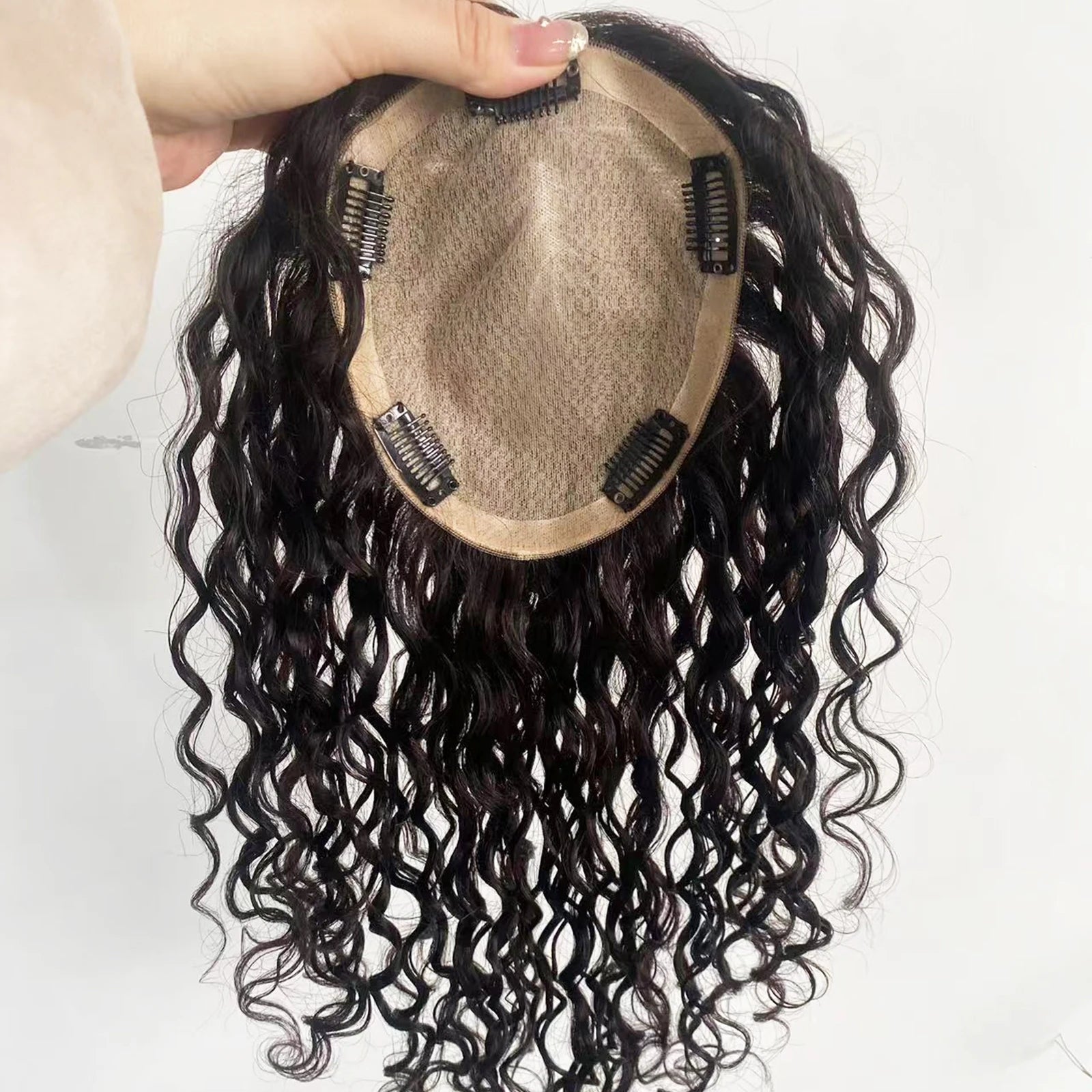 Curly Wave Human Hair Topper with Clips in 15x17cm & 18x20cm Silk Base Toupee for Women Full Hand Tied Remy Human Hair Extra Lace Front