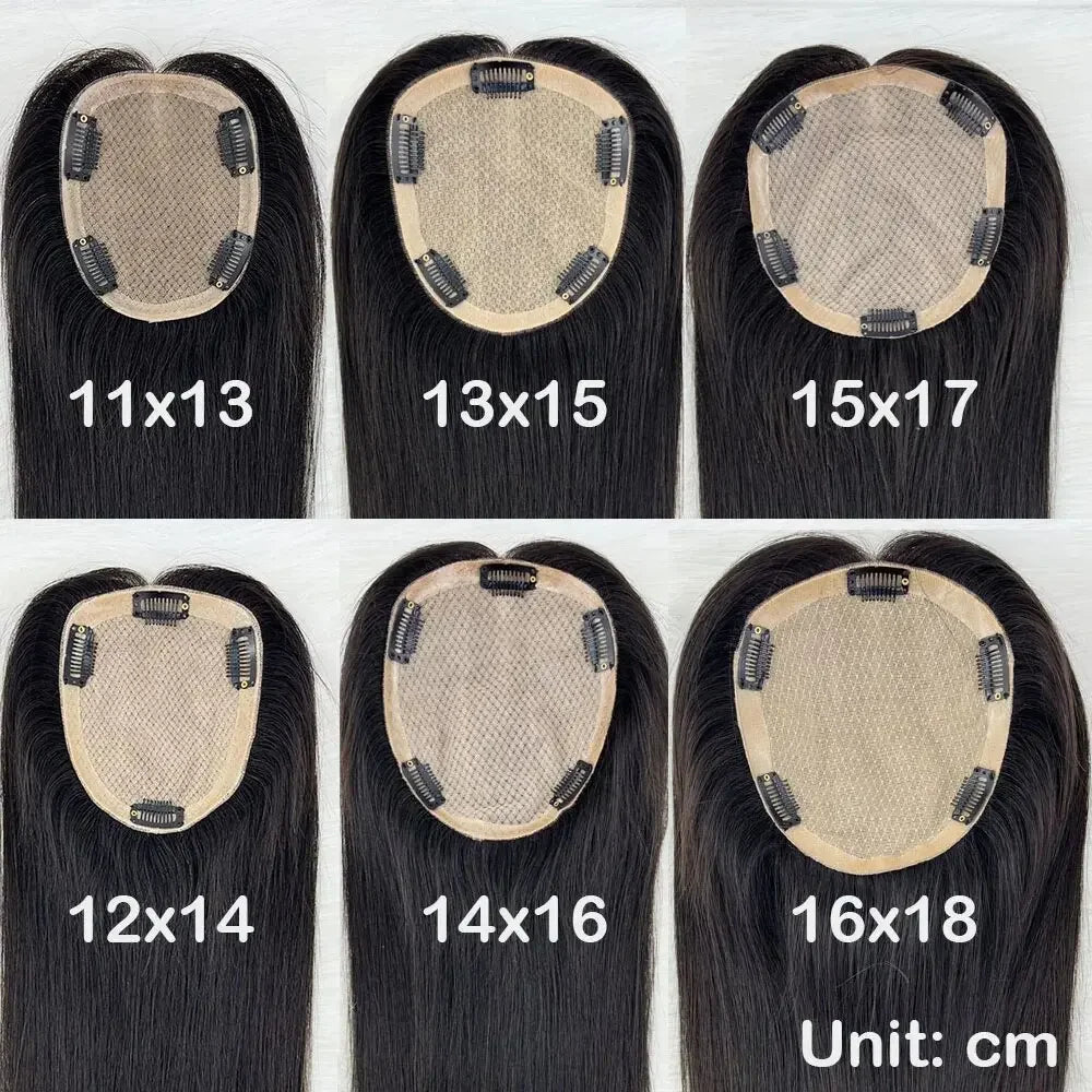 12x14cm, 14x16cm, 16x18cm Silk Base Women Topper With 4 Clips In Hairpiece Malaysia Virgin Human Hair Toupee Breathable Silk Top Natural Baby Hair