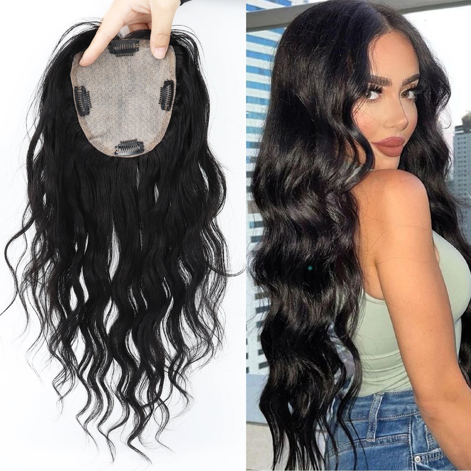 12x13cm Silk Top Human Hair Topper with Clips In Jet Black Virgin European Hairpieces Silk Base Curly Wavy Toupee for Women