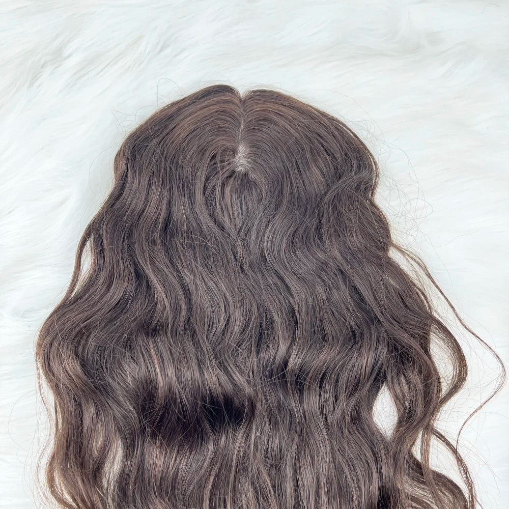 Brown European Human Hair Topper (6x6.5" Base) Wavy Hairpiece for Women, Silk Skin Top with PU Around, Clip-in Virgin Hair Extensions