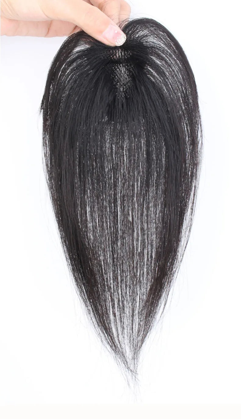 Invisible Straight Human Hair Topper (1.6x2.4" Base) Small Hairpiece for Thinning Hair, Quickly Increase Volume & Cover Gray Hair with Clips