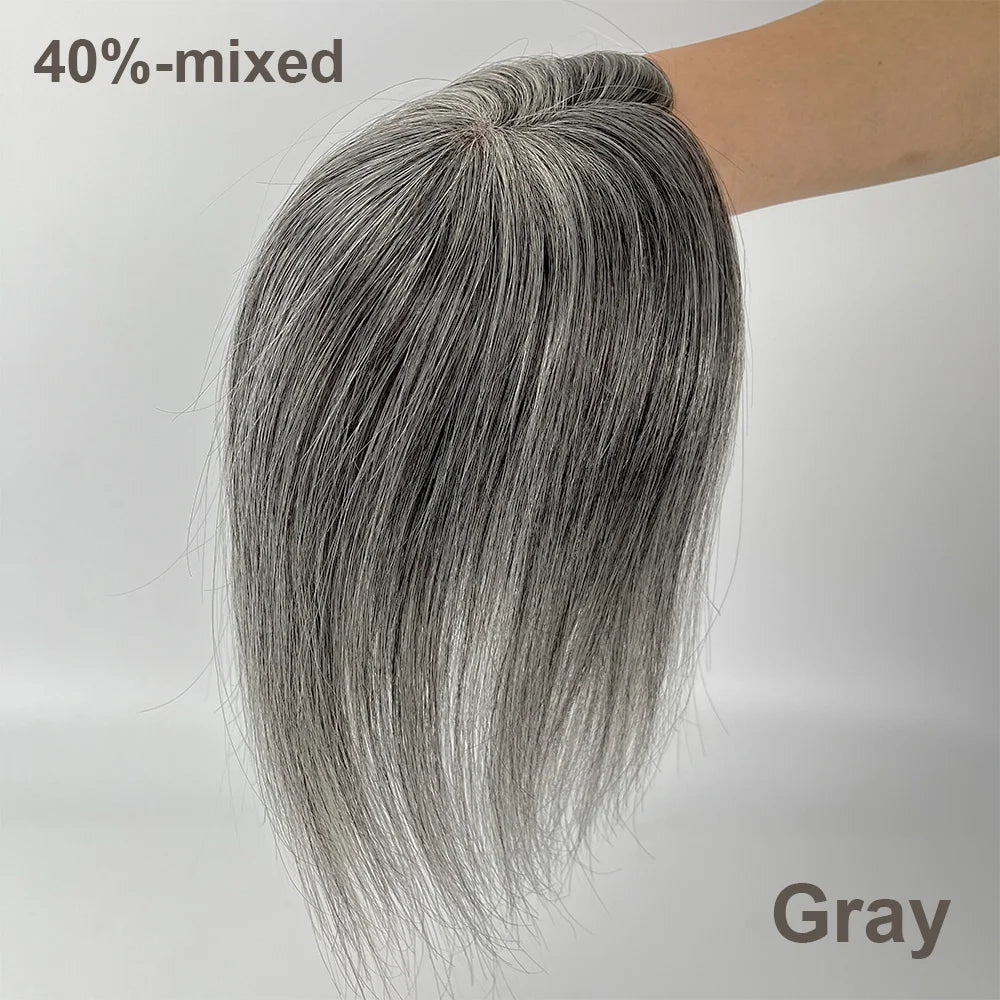 Highlight 5x3" Mono Base topper Grey Color With Clips 8/14 inches Hair Toppers For Women  1B Human Hair Mixed 90% Grey Hair