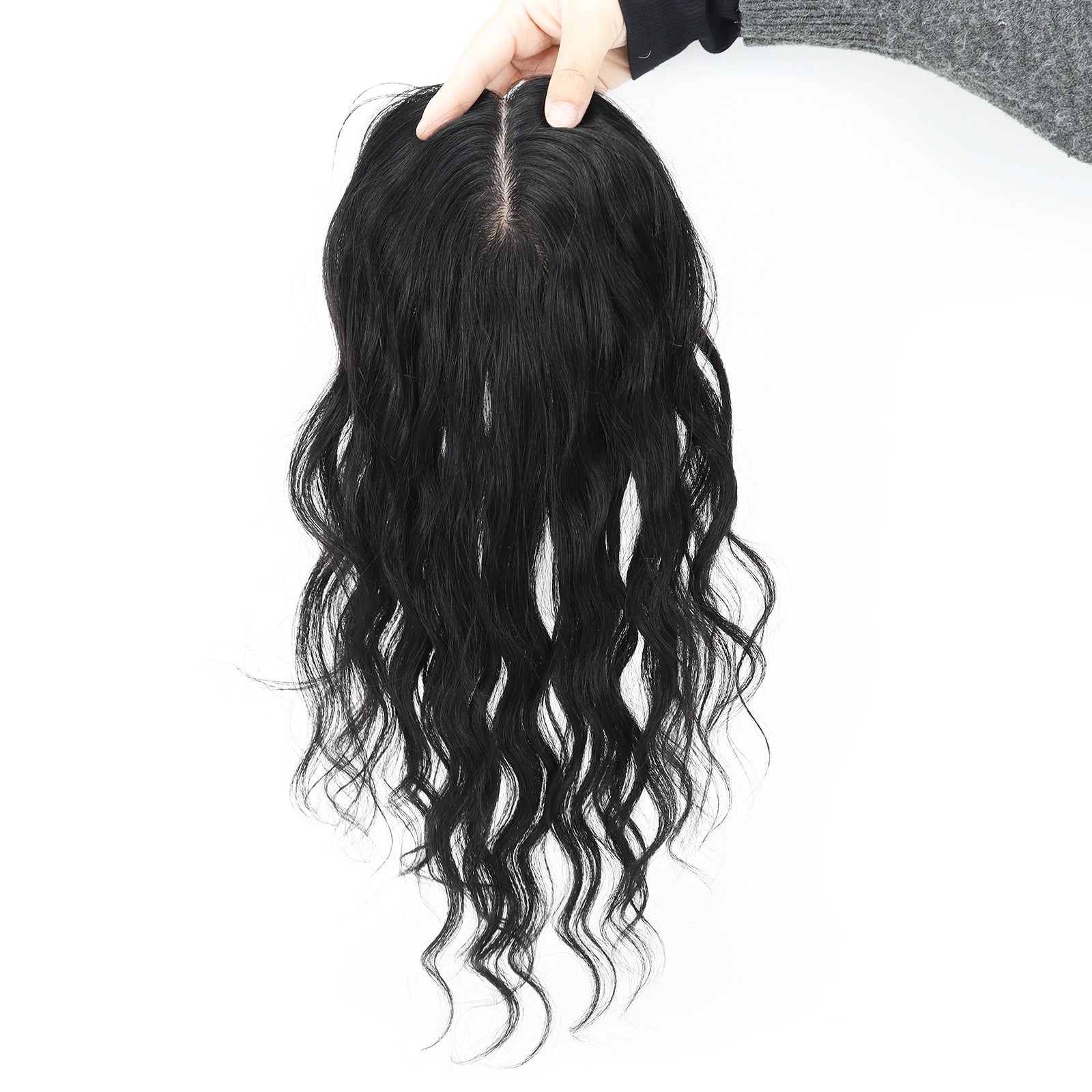12x13cm Silk Top Human Hair Topper with Clips In Jet Black Virgin European Hairpieces Silk Base Curly Wavy Toupee for Women