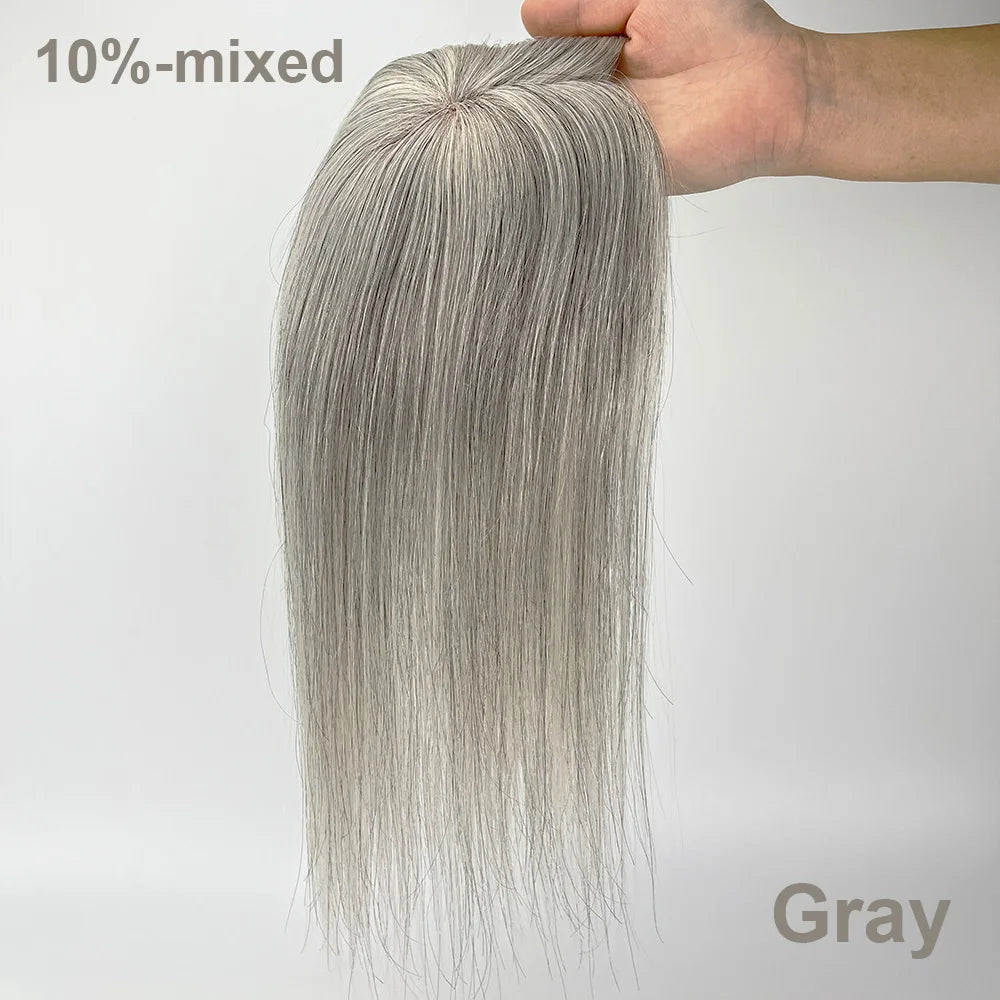 Highlight 5x3" Mono Base topper Grey Color With Clips 8/14 inches Hair Toppers For Women  1B Human Hair Mixed 90% Grey Hair
