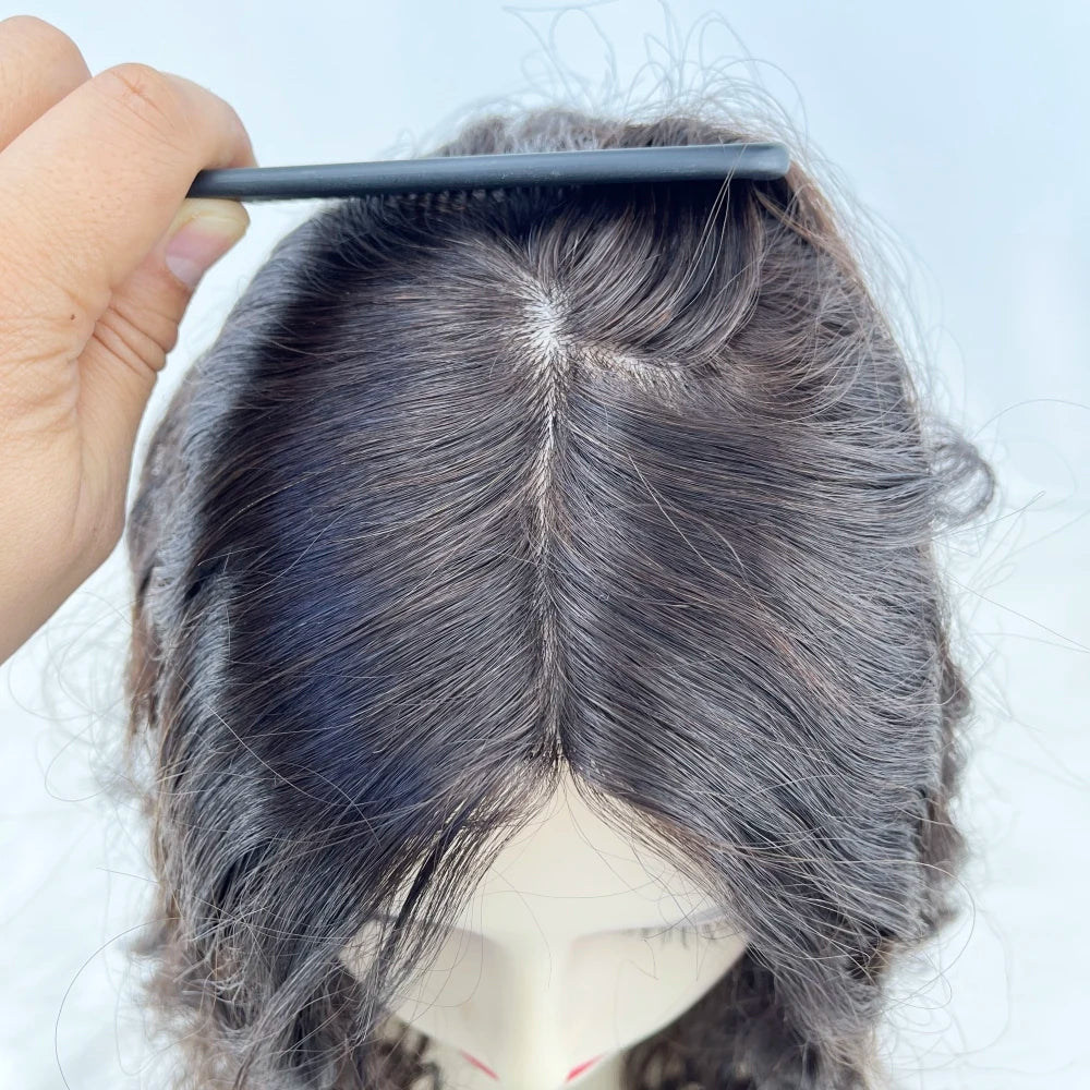 Brown European Human Hair Topper (6x6.5" Base) Wavy Hairpiece for Women, Silk Skin Top with PU Around, Clip-in Virgin Hair Extensions