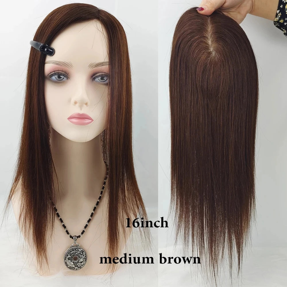Skin Base Human Hair Topper With 4 Clips In Silk Top Virgin European Hair Toupee for Women Fine Hairpiece 12X13cm 15X16CM