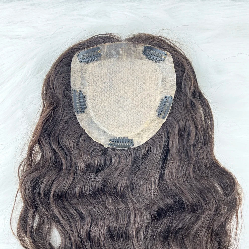 Brown European Human Hair Topper (6x6.5" Base) Wavy Hairpiece for Women, Silk Skin Top with PU Around, Clip-in Virgin Hair Extensions