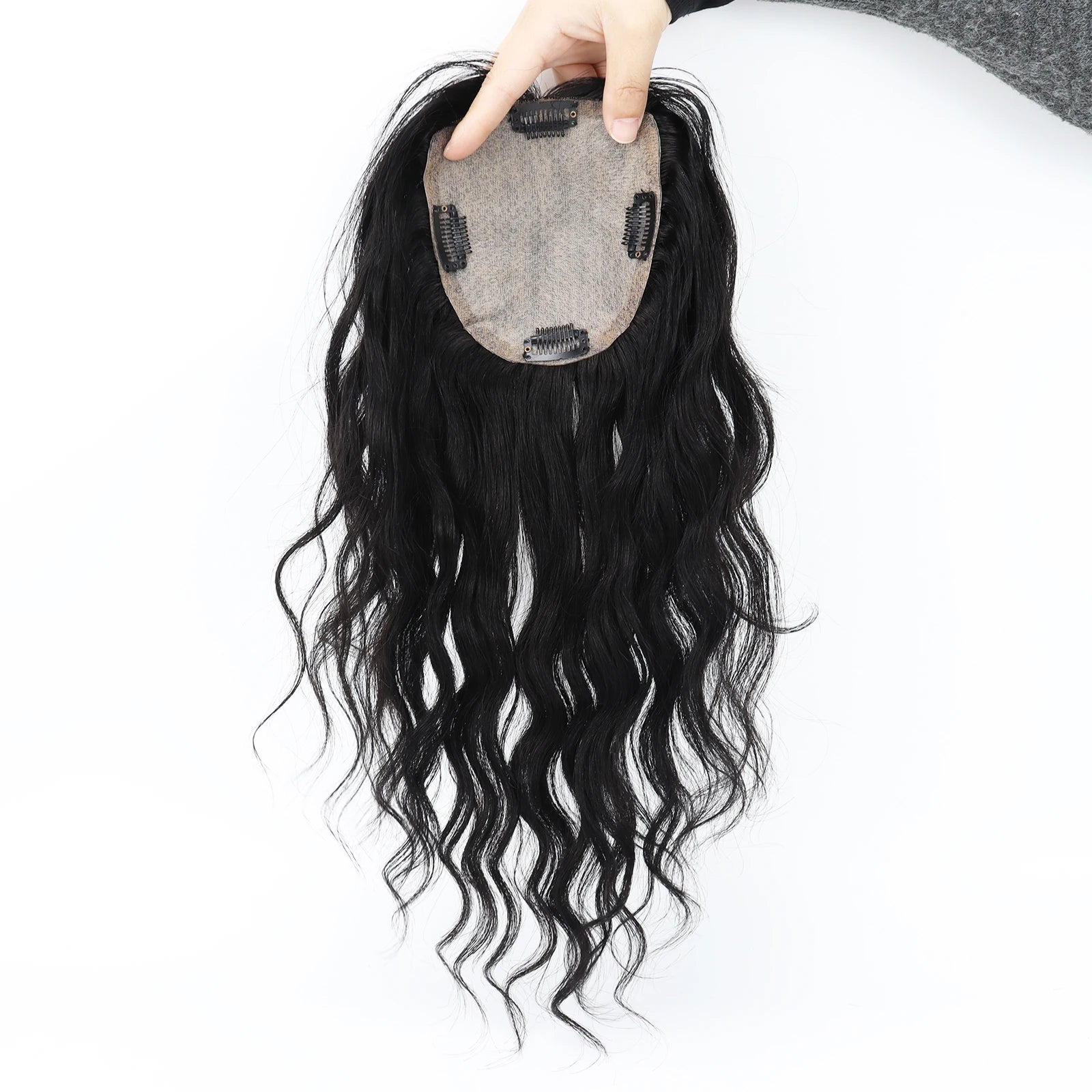 12x13cm Silk Top Human Hair Topper with Clips In Jet Black Virgin European Hairpieces Silk Base Curly Wavy Toupee for Women