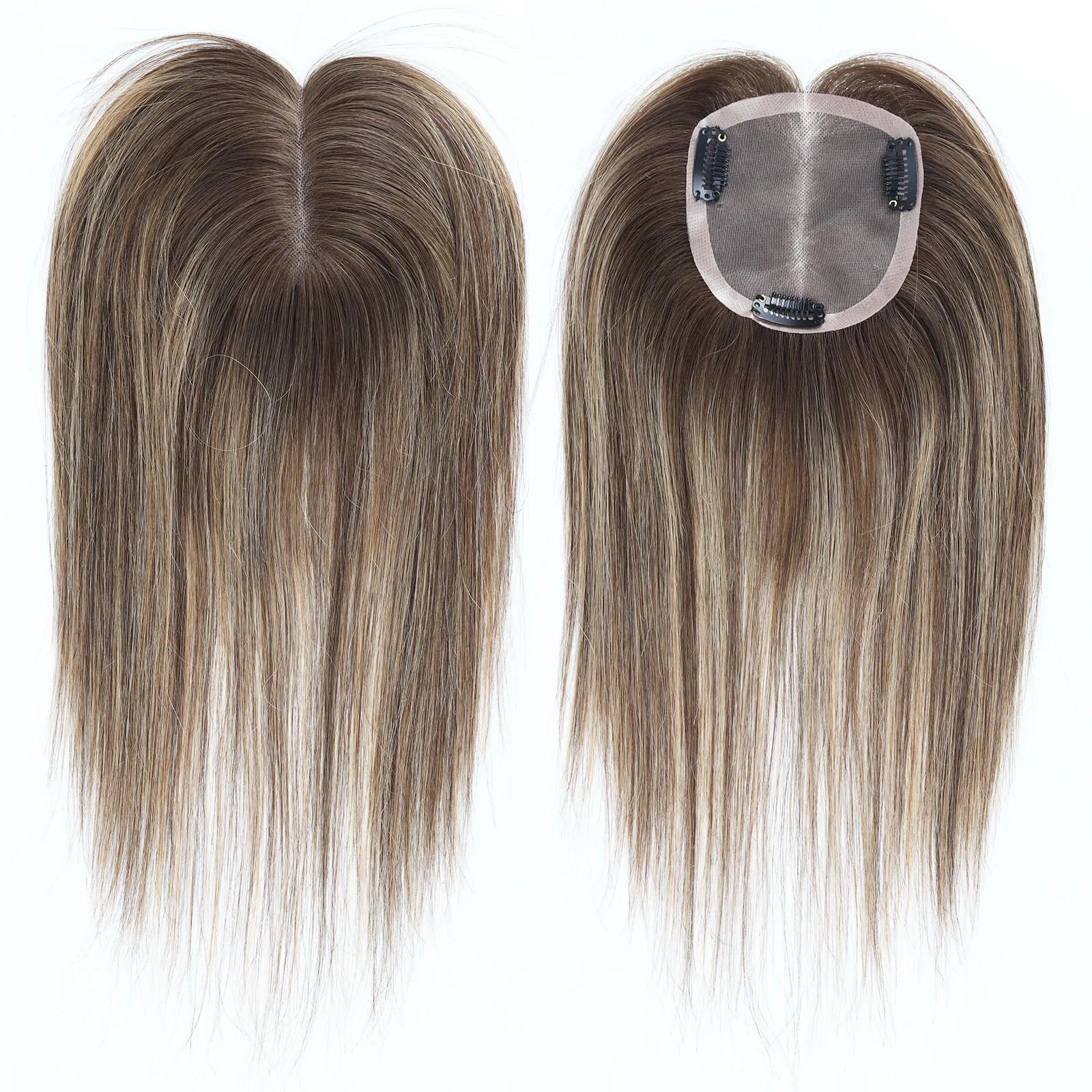 ≈ 3.74x3.74" Mono Base Topper for Women Real Remy Brazilian Human Hairpieces with Clips in 12" Ombre Highlight Summer Breathable