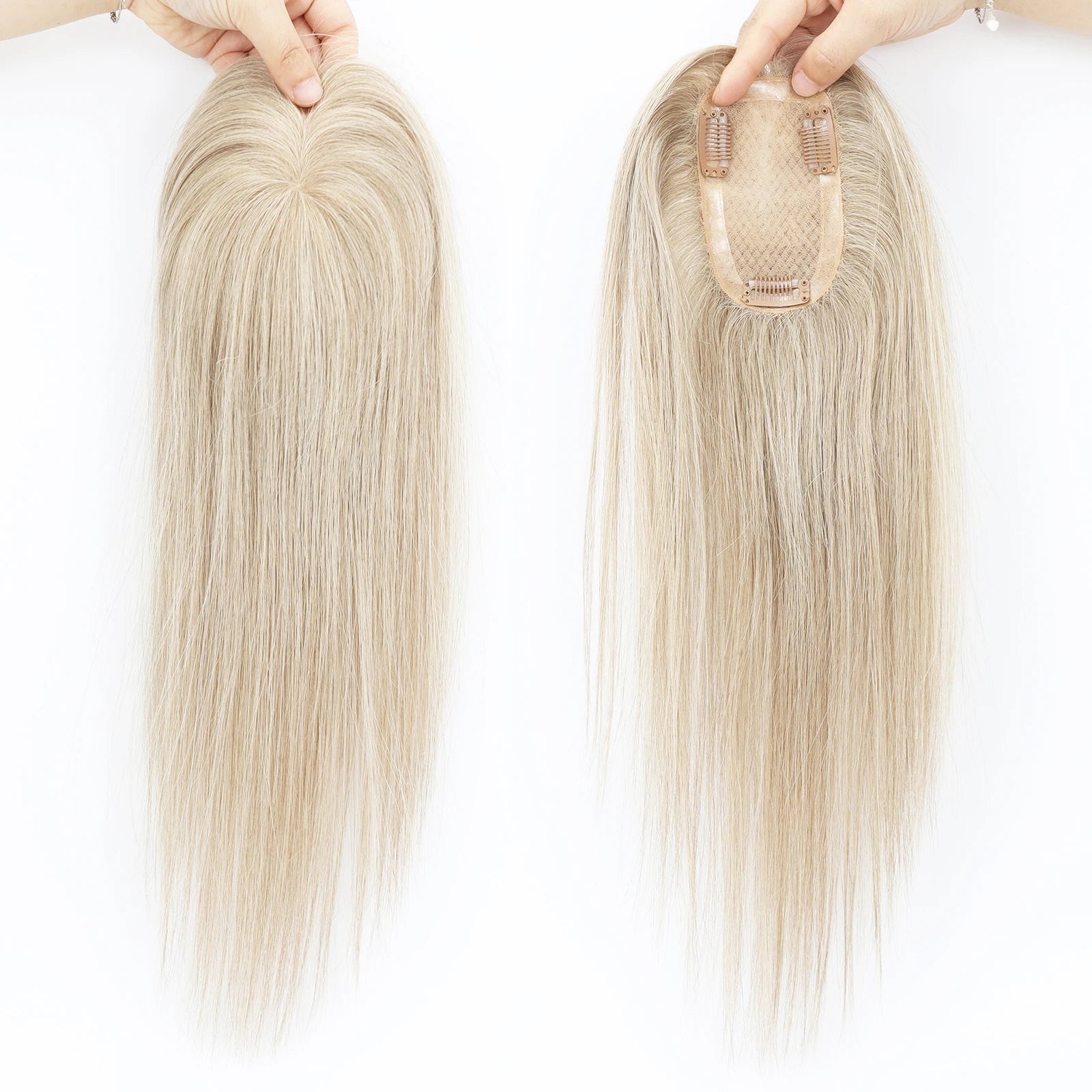 5x3inch Silk Base Topper with Clips in Full Hand Tied Virgin European Human Hair Toupee for Women Silk Top Colorful Hairpieces