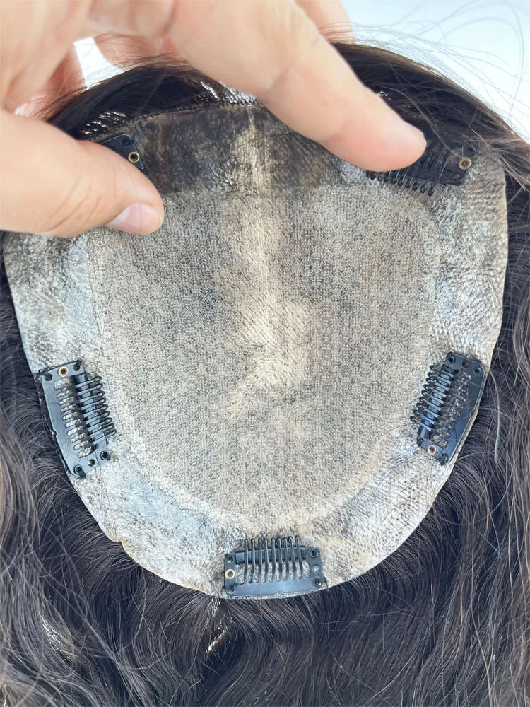 Brown European Human Hair Topper (6x6.5" Base) Wavy Hairpiece for Women, Silk Skin Top with PU Around, Clip-in Virgin Hair Extensions