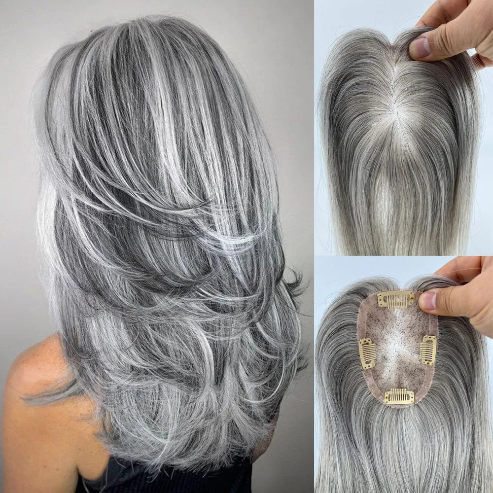 Highlight 5x3" Mono Base topper Grey Color With Clips 8/14 inches Hair Toppers For Women  1B Human Hair Mixed 90% Grey Hair
