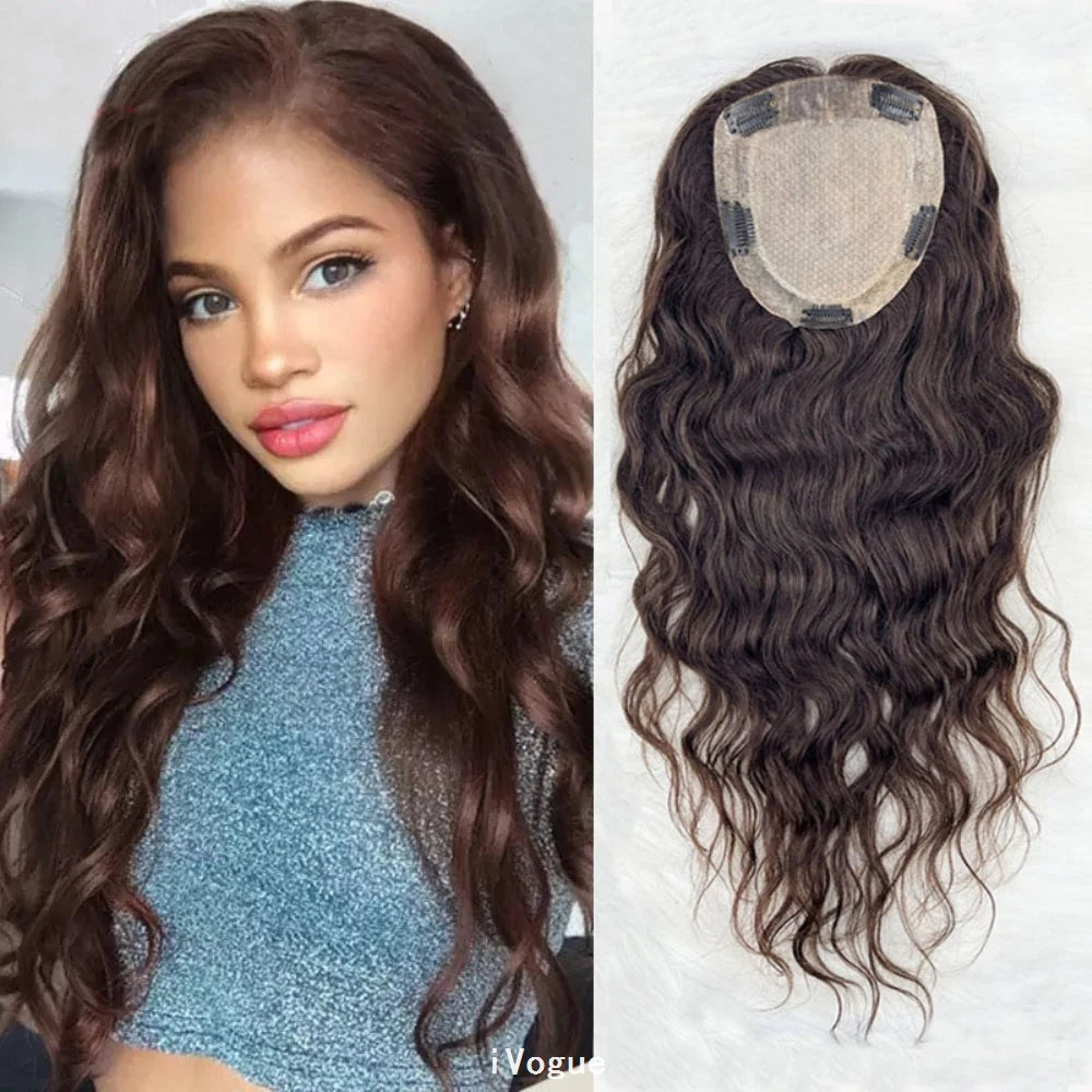 Brown European Human Hair Topper (6x6.5" Base) Wavy Hairpiece for Women, Silk Skin Top with PU Around, Clip-in Virgin Hair Extensions