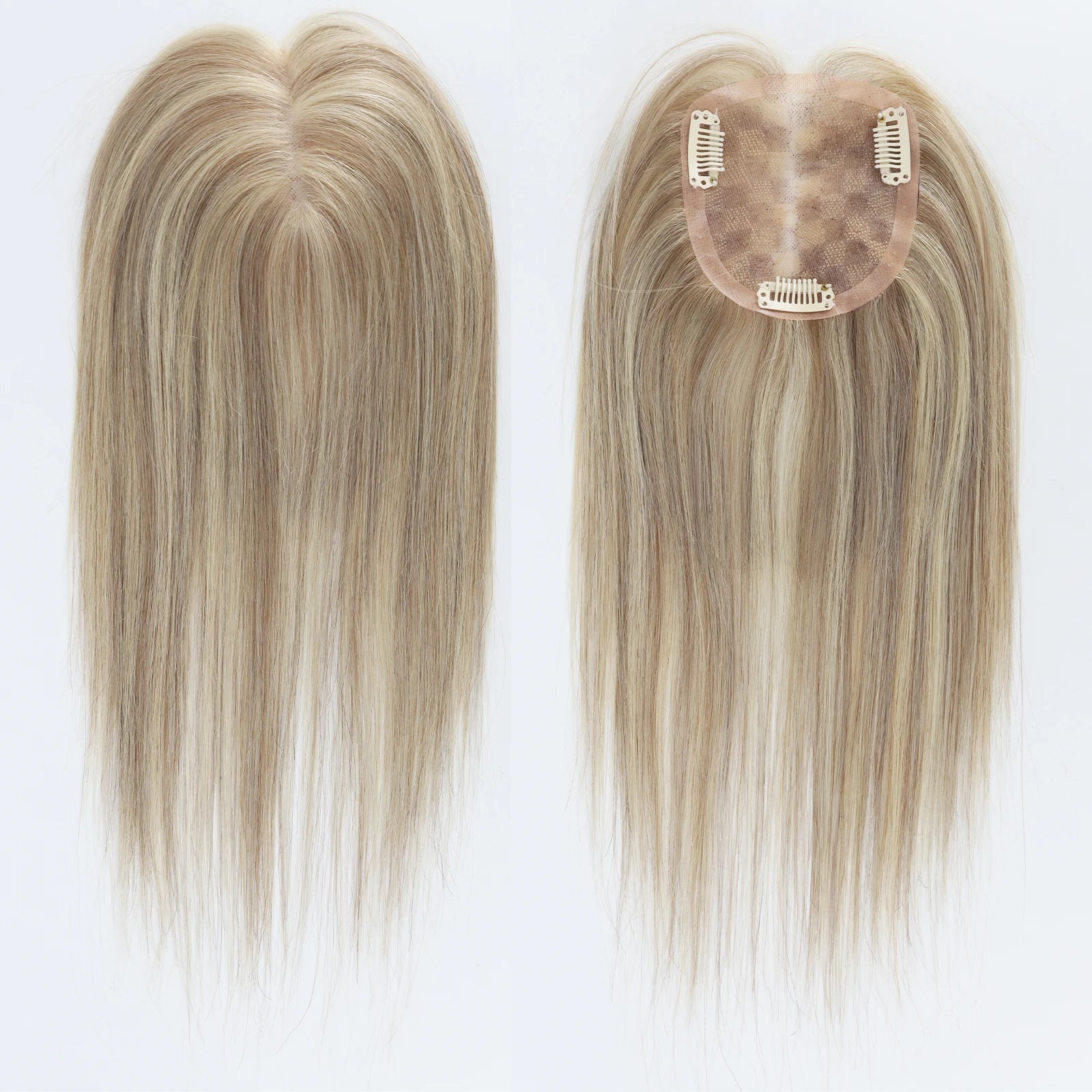 ≈ 3.74x3.74" Mono Base Topper for Women Real Remy Brazilian Human Hairpieces with Clips in 12" Ombre Highlight Summer Breathable