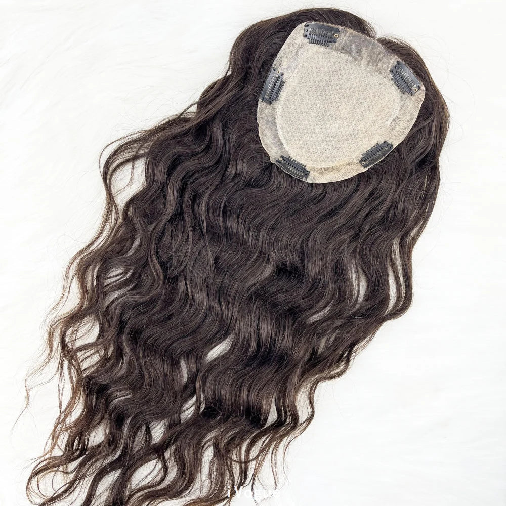 Brown European Human Hair Topper (6x6.5" Base) Wavy Hairpiece for Women, Silk Skin Top with PU Around, Clip-in Virgin Hair Extensions