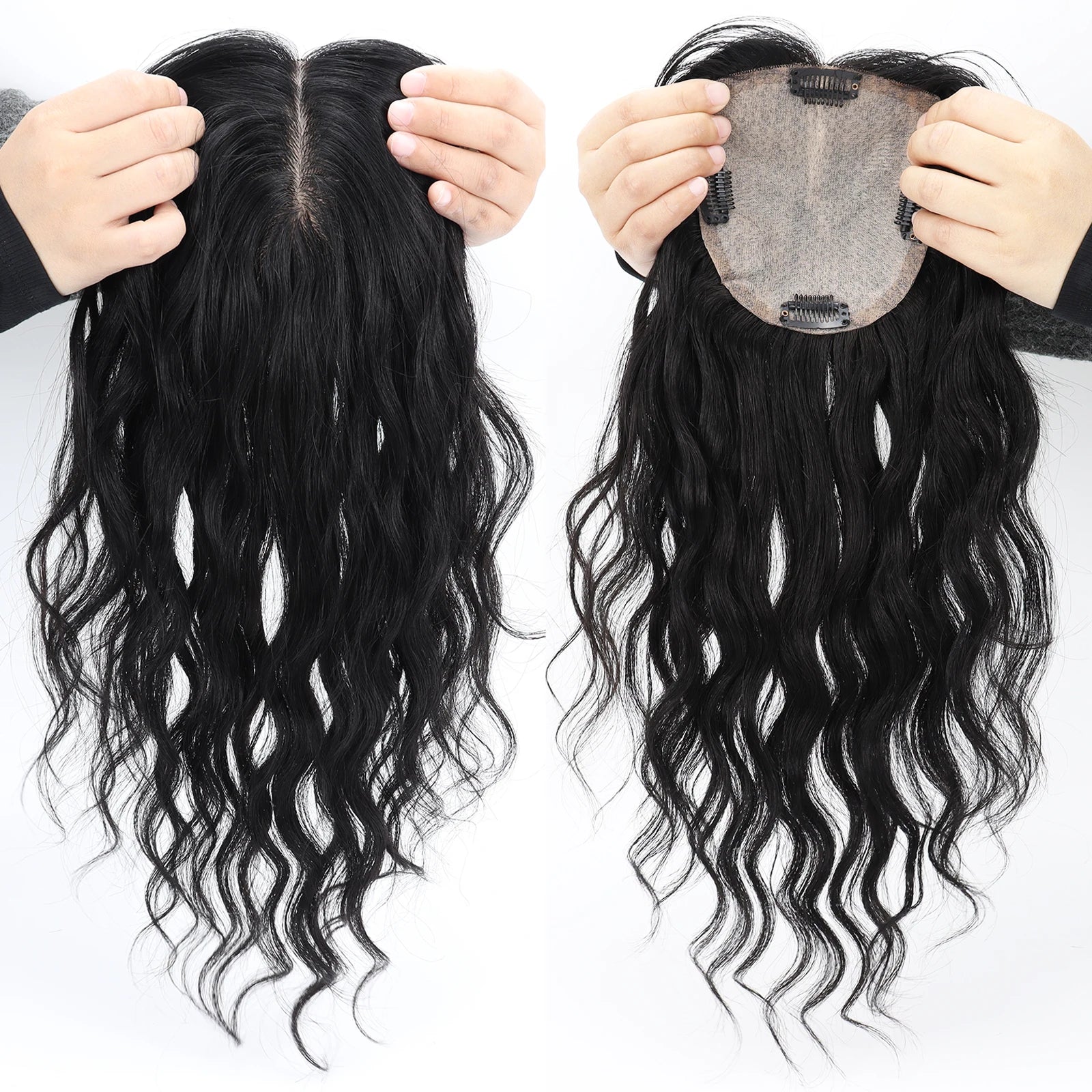 12x13cm Silk Top Human Hair Topper with Clips In Jet Black Virgin European Hairpieces Silk Base Curly Wavy Toupee for Women